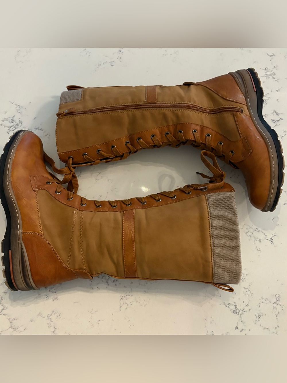 Extreme by Eddie Marc Janet Tan Tall Knit Cuff Lace Up Boots Sz 9M